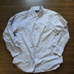 Ralph Lauren Men's White Blue and Orange Checkered Shirt